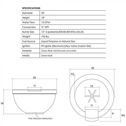 Prism Hardscapes Sorrento 33-Inch Concrete Round Outdoor Fire Pit & Water Bowl - Electronic Igniter