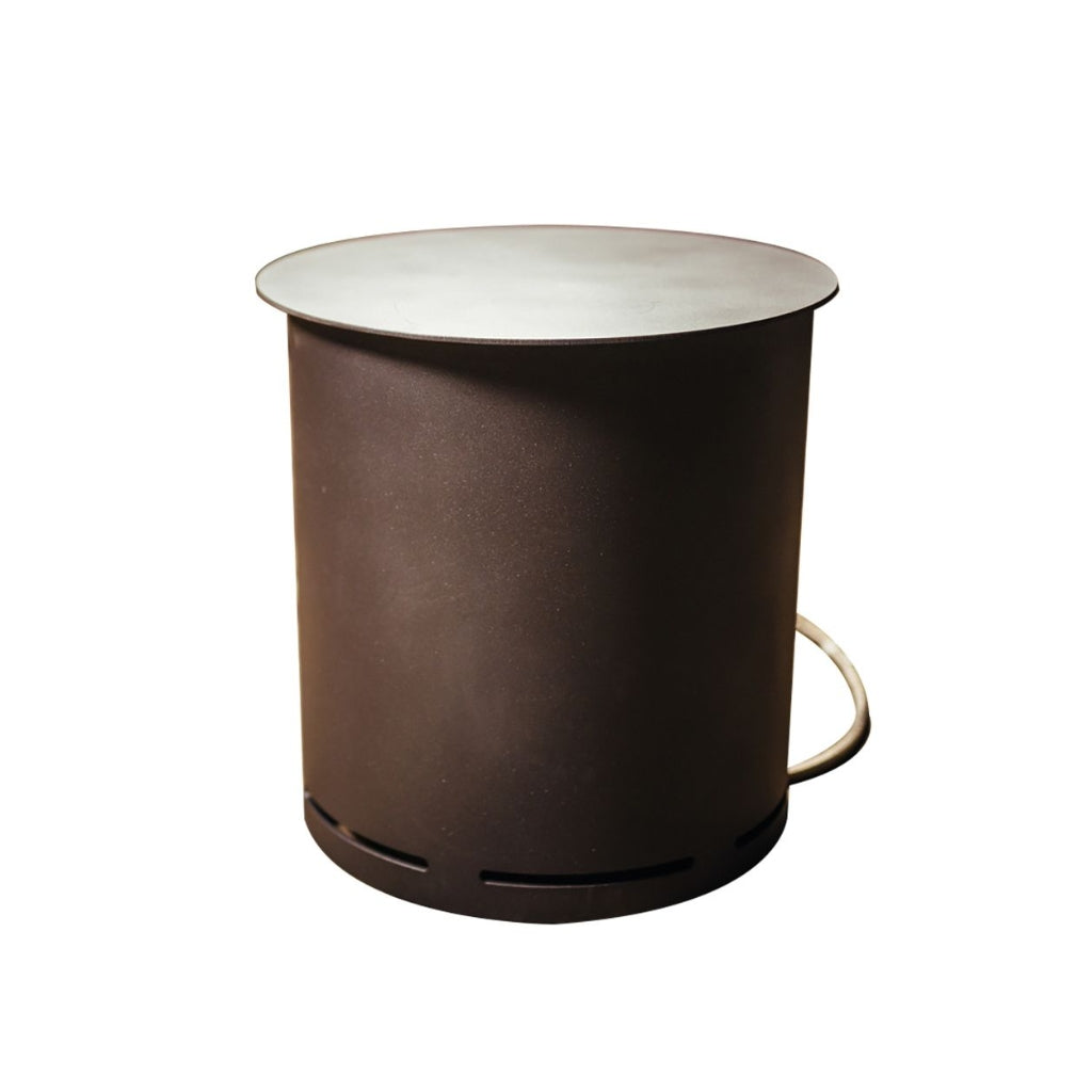 Sleek black carbon steel propane tank enclosure doubling as a stylish outdoor side table