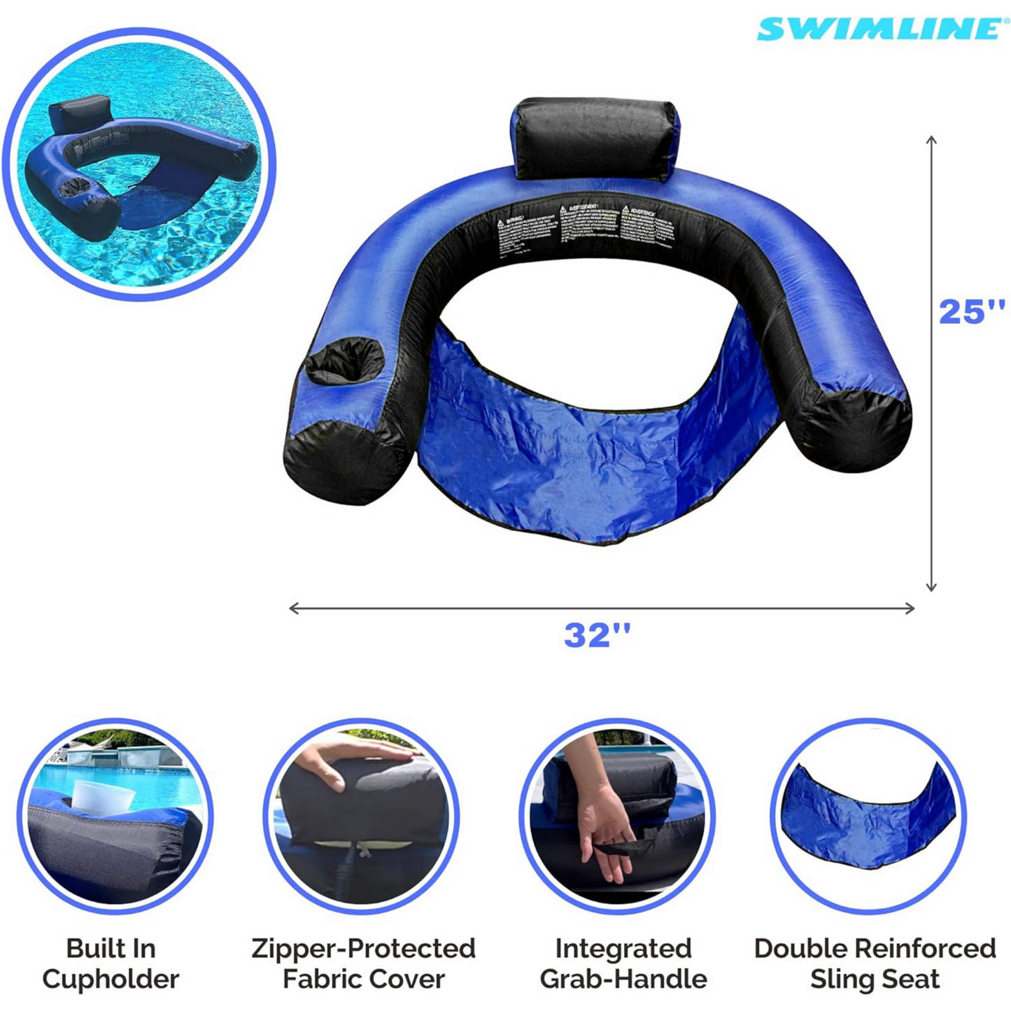 Swimline SW90465 Inflatable Nylon Fabric Covered Swimming Pool Float U-Seat