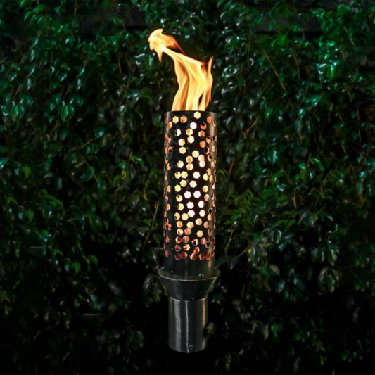 Patio Backyard Tiki Torch The Outdoor Plus, Honeycomb Original TOP Torch & Post Complete - Stainless Steel - Liquid Propane | OPT-TPK14LP