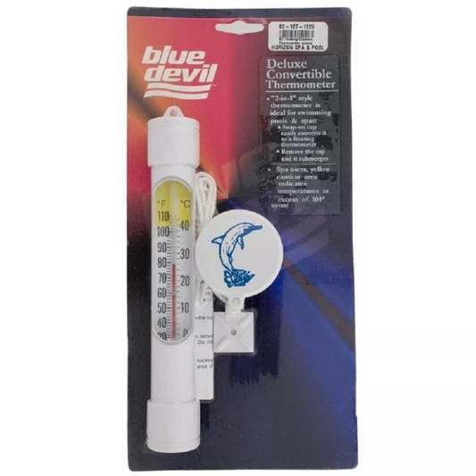 Valterra Blue Devil Floating Submersible Pool Thermometer with tether cord for accurate water temperature monitoring.