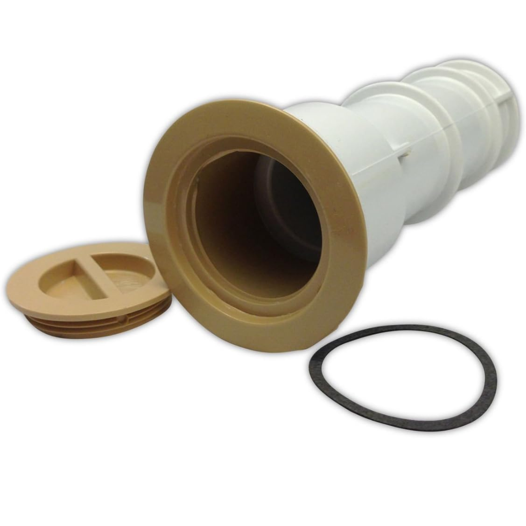 Beige Waterway Plastics volleyball pole holder assembly for secure poolside setup.